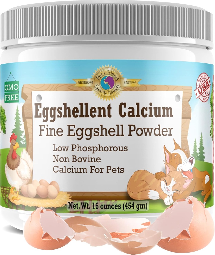Cálcio para Cães e Gatos - Fine Eggshell Powder - Forte Hip & Suplemento Conjunto para Cães e Gatos - Suplemento Dietário - Sem Aditivos - Amigo do Pet Eggshellent Cálcio 16oz