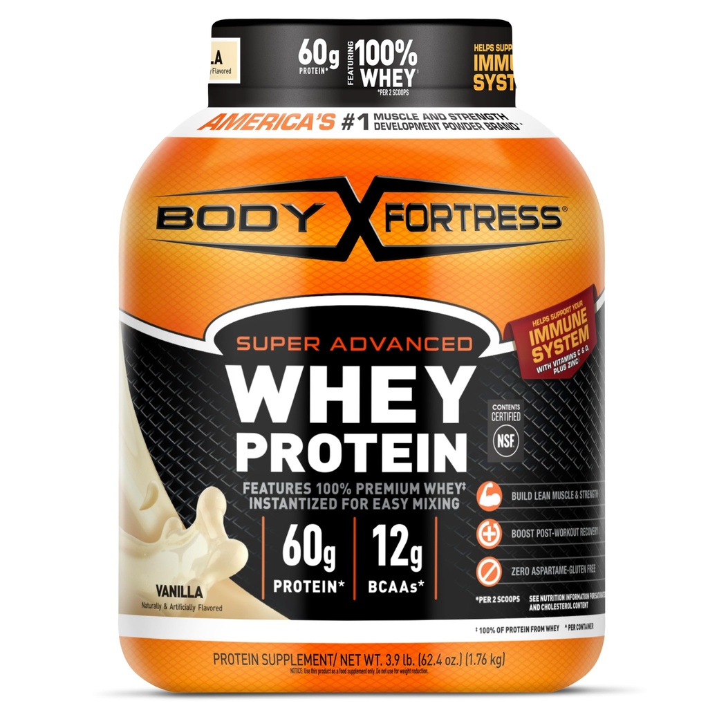 Corpo Fortaleza Super avançado Whey Protein Powder, Baunilha, Suporte Imune (1), Vitaminas C & D Plus Zinco, 3,9 lbs.