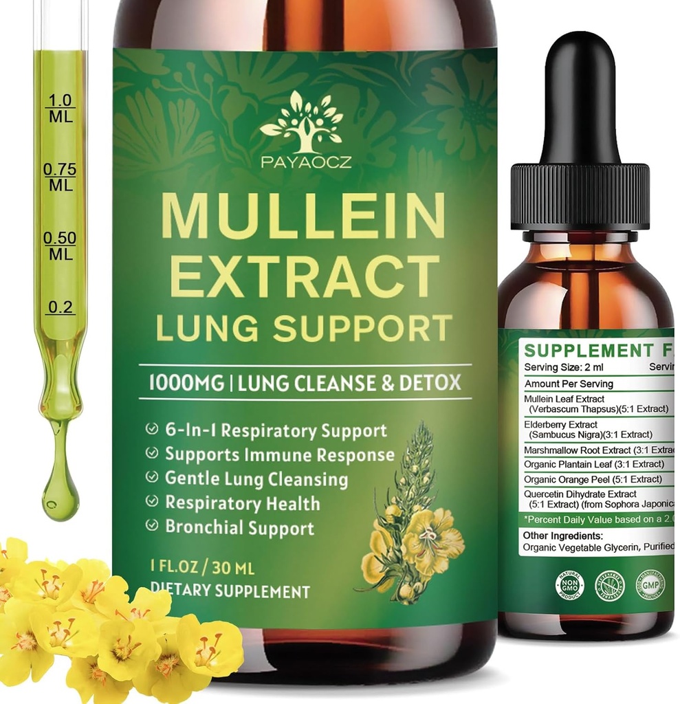 (2 Pack) 6 em 1 gotas de mullein para pulmões, extrato de folha de mullein orgânico tintura para pulmões, limpeza de detox e respiração para a saúde da respiração, Mullein suplemento de óleo Immune Suporte, Vegan, 1 Fl Oz