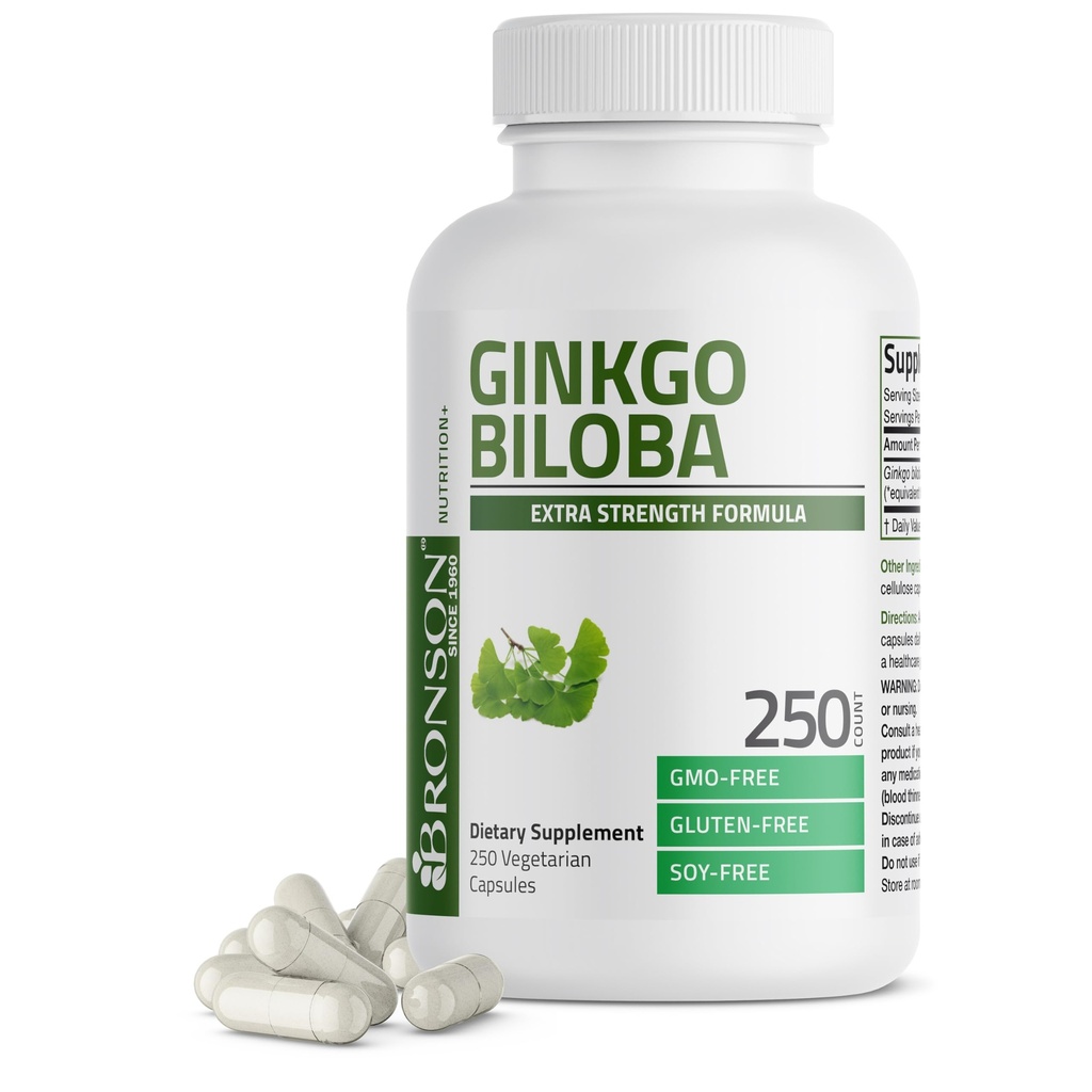 Bronson Ginkgo Biloba Força extra suporta função cerebral e suporte de memória, 250 cápsulas vegetarianas