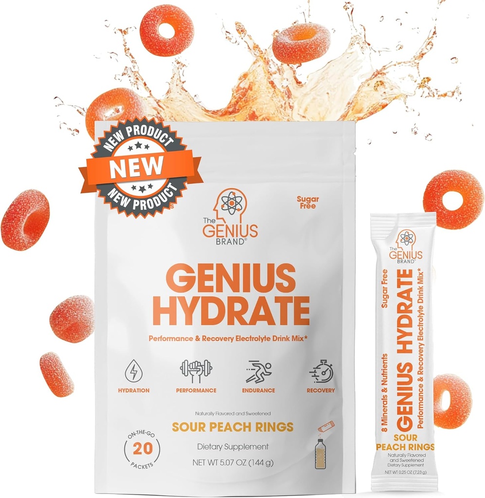 O Genius marca Genius Hidrate - Suplemento Eletrolítico para Hidratação Diária - Água de coco - Livre de Açúcar - 8 Minerais essenciais & Nutrientes - Não-GMO - Anéis de pêssego azedo - 20 Servings