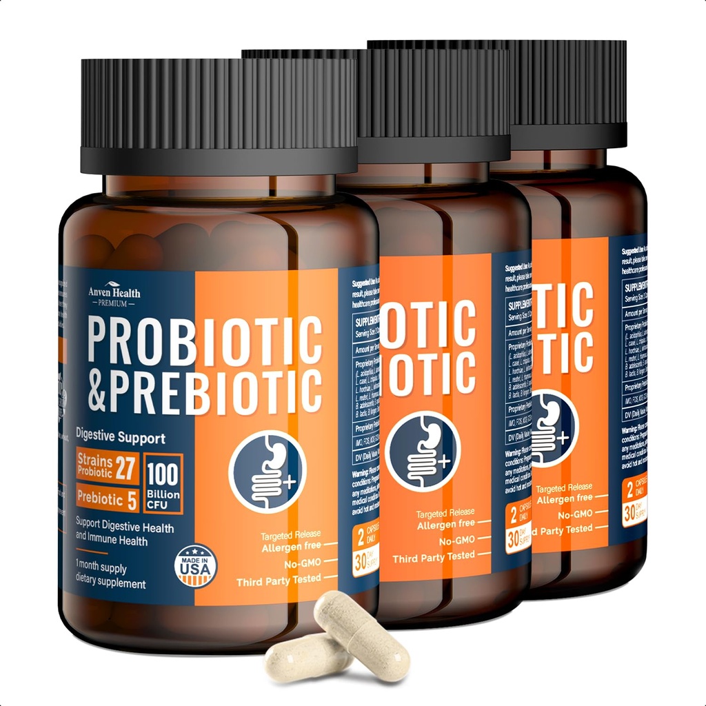 Probióticos de 100 bilhões para homens e mulheres 27 Strains 5 Prebióticos Orgânicos para Gut Digestive & Imune Health, Suporta Diarrhea Gas Bloating, Non-GMO, Zero Fillers – Made in USA-180 Caps