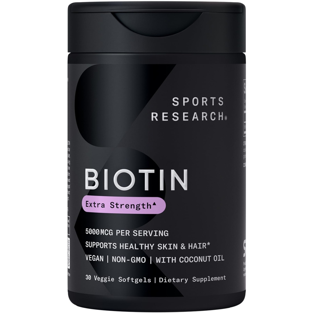 Sports Research® Biotin 5.000mcg com óleo de coco orgânico - Biotin (Vitamina B7) para o suporte saudável da pele e do cabelo * - para mulheres e homens - Vegan, Não-GMO, Gluten & Soy-Free - 30 Leggie Softgels