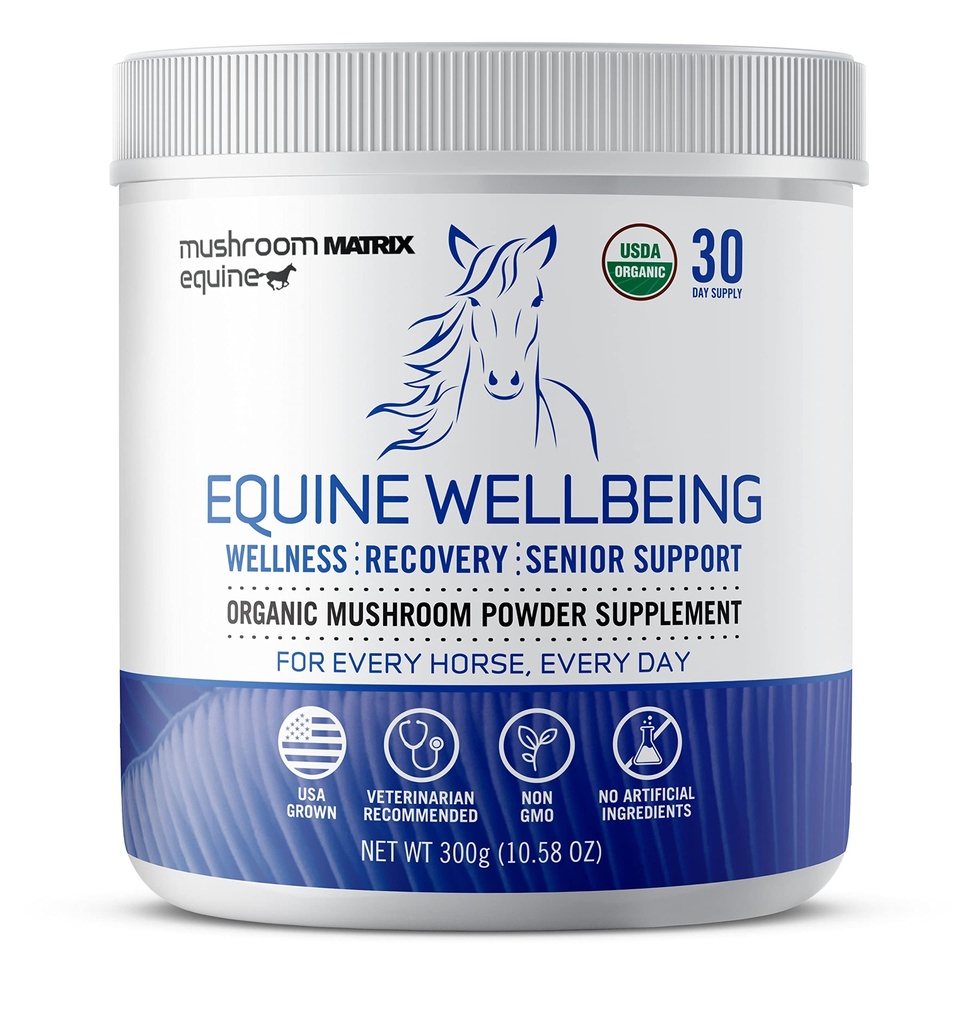 Om Mushroom Matrix - Equine Bem-Estar Os EUA cresceram em pó de cogumelos orgânicos de grau humano Mostrar seguro cavalo suplemento   , Bem-Estar, Recuperação, & Apoio Sênior , 300 gramas, 10.5 oz