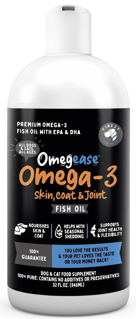 Óleo de peixe Omegease para cães e gatos - mais fino para animais de estimação Omega 3 para gatos e cães - Suplemento para pele e casaco, coceira, derramamento, articulações e saúde imune - 100% Puro Omega Fish Oil com EPA & DHA (32 onças)