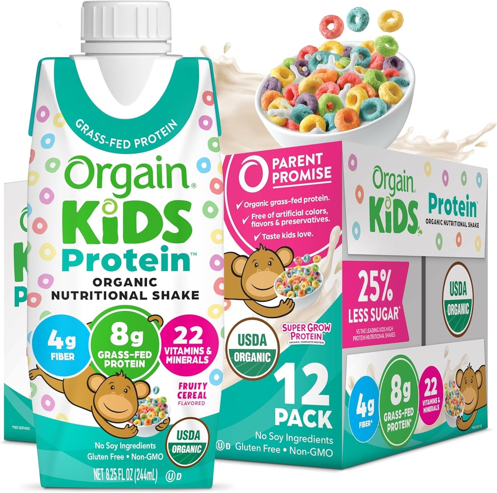 Orgain Organic Kids Nutritional Protein Shake, Fruity Cereal - Kids Snacks with 8g Dairy Protein, 22 Vitaminas & Minerals, Frutas & Vegetais, Gluten Free, Soy Free, Non-GMO, 8.25 Fl Oz (Pack of 12)