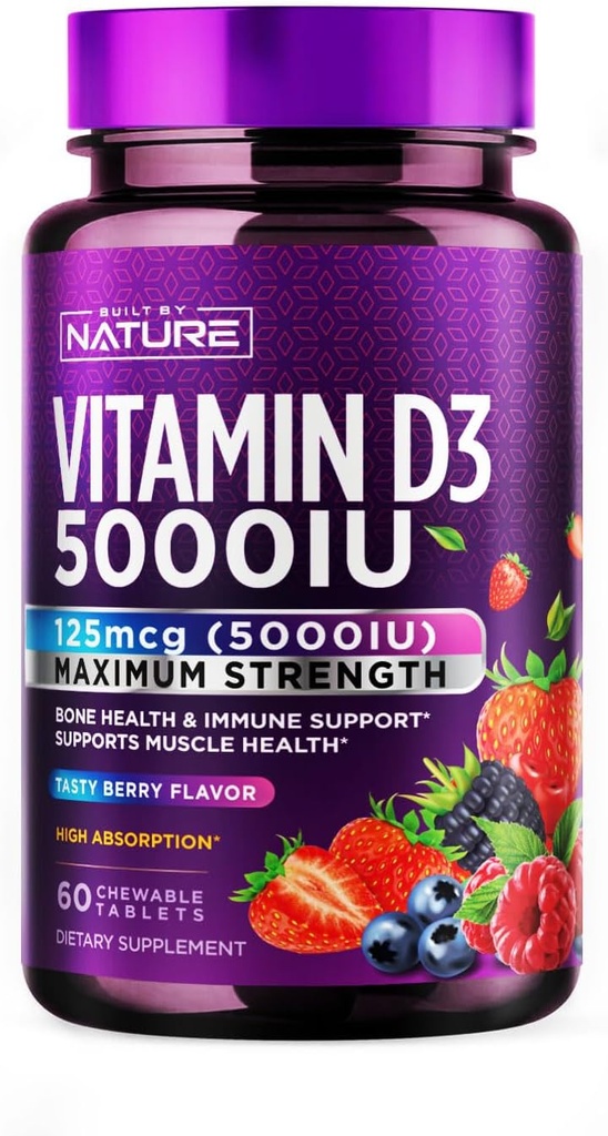 Construído pela natureza mastigável Vitamina D3 5000 UI - Vitamina D Suplemento mastiga – Açúcar sem sabor Berry & Natural - 60 Comprimidos