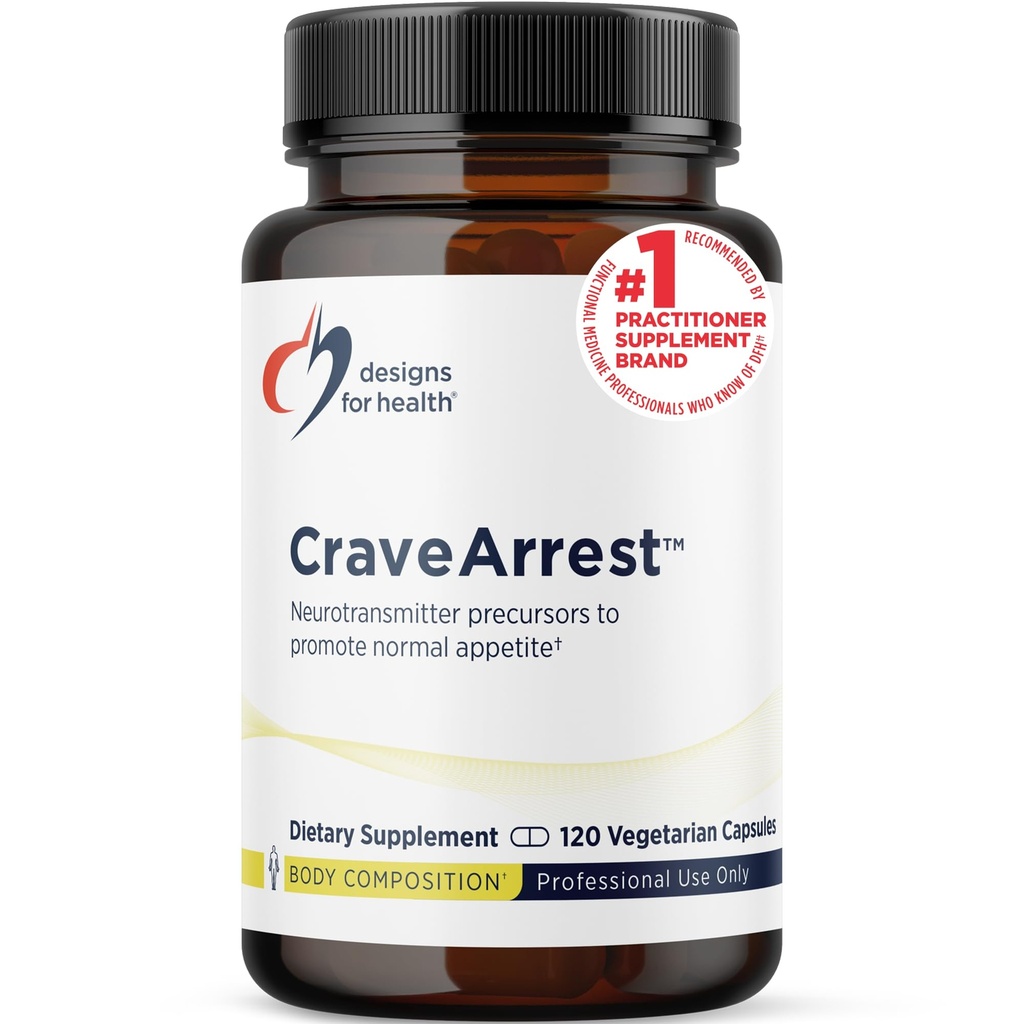 Designs para a saúde CraveArrest - L-Tirosina Anti-Craving Supplement suporte com 5-HTP, B6, Rhodiola, B12 - Projetado para Serotonina + Suporte de Dopamina (120 Cápsulas)