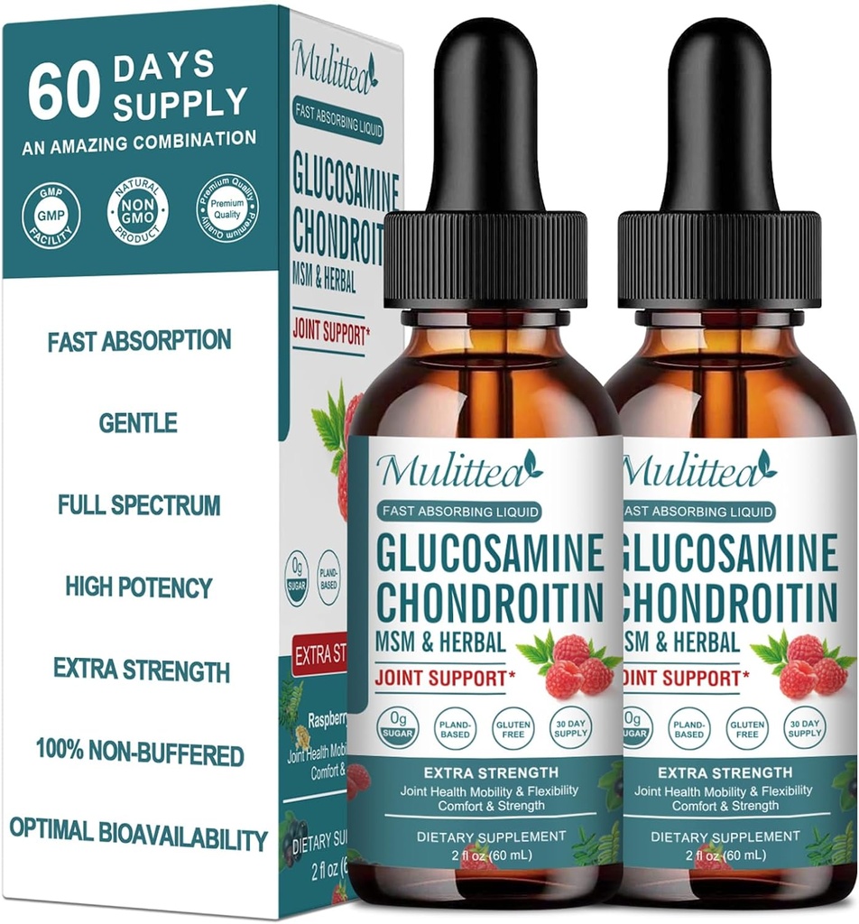 (2 Pack) Glucosamine Chondroitin MSM Liquid Drops - Suplemento de suporte conjunto de força extra com Elderberry, Boswelia, Bromelaína, Ácido Hialurônico - Apoio imunológico antioxidante para adultos, homens e mulheres