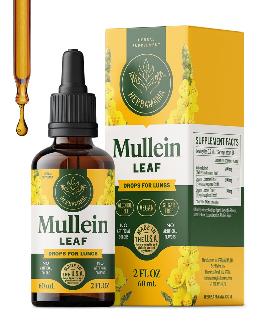 Herbamama Mullein Drops para pulmões - Vegan Mullein Leaf Extract para pulmões Cleanse Suporte - Não-GMO, Suplemento respiratório sem álcool e açúcar, fornecimento de 28 dias