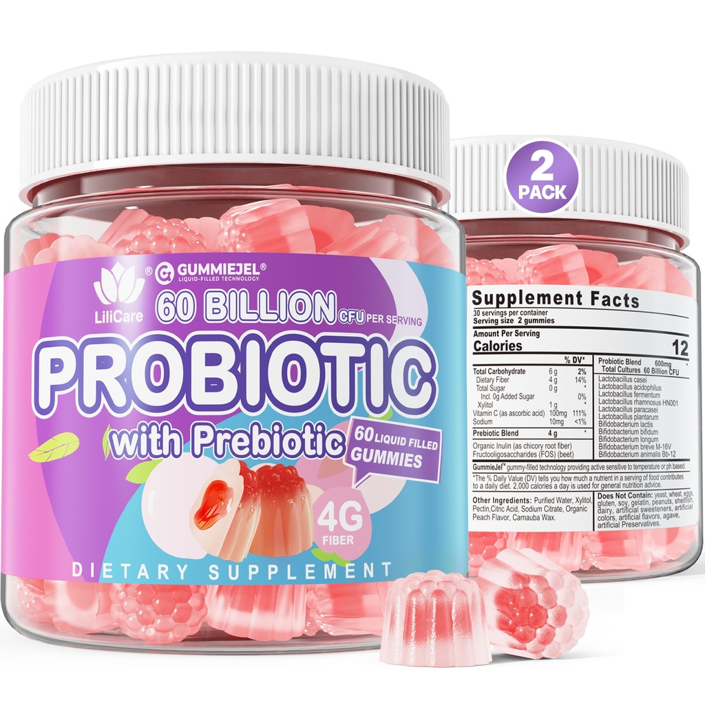2Pack Probiótico + Gummies Prebióticos Açúcar Livre 60 bilhões UFC, 11 Dentes Probióticos Gummies Preenchidos para Mulheres Homens Saúde Digestiva e Gut Saúde, Suporta Constipação, Diarréia, Gás & Bloating