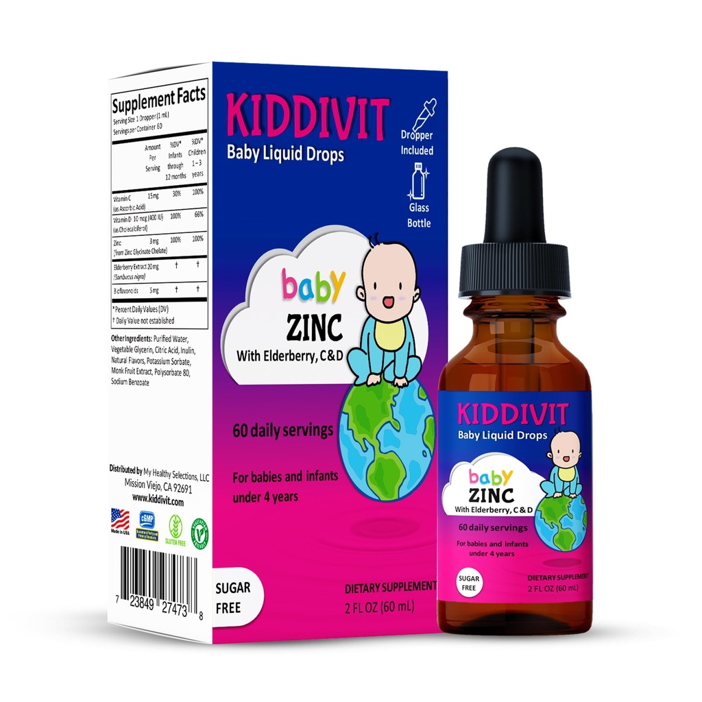 Kiddivit Zinc líquido gotas com Elderberry, Vitamina D3 & C – Gentil Immune suplemento de apoio – 60 Servings diários, Inulin Fortified Prebiótico Fibra – Açúcar livre, Glúten livre, Vegetariano, 2 onças