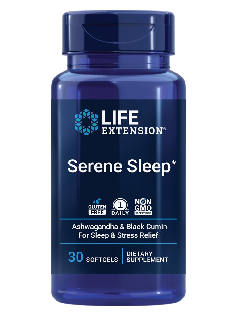 Sono Sereno da Extensão da Vida – Ashwagandha, Cumin Preto – Suplemento do Sono, Calma, Relaxação, Apoio ao Sono sem Melatonina – Uma vez ao dia, sem glúten, não-GMO – 30 Softgels