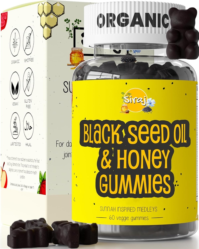 Siraj Orgânico Black Seed Oil Gummies w/Honey & 15% Thymoquinone □ Multivitamin para suporte imune, Estresse Relief Gummy Vitaminas □ Açafrão, Apple Cider Vinagre, Gummies Multivitamin
