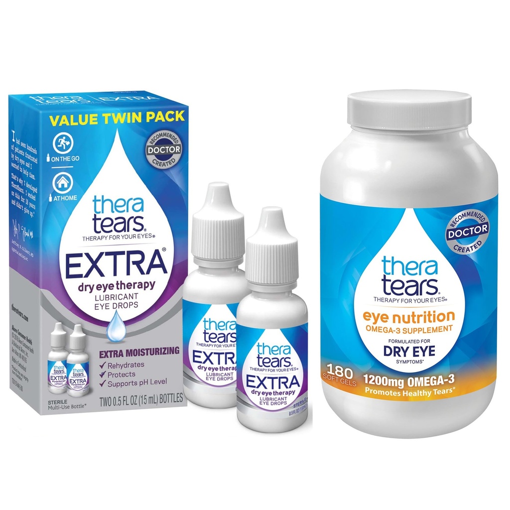 TheraTears 1200mg Omega 3 Supplement for Eye Nutrition, Organic Flaxseed Trigliceride Fish Oil and Vitamina E, 180 Count with Thera Tears Eye Drops for Dry Eye Eyes, 0.5 Fl Oz, 15 MI, 2 Pack