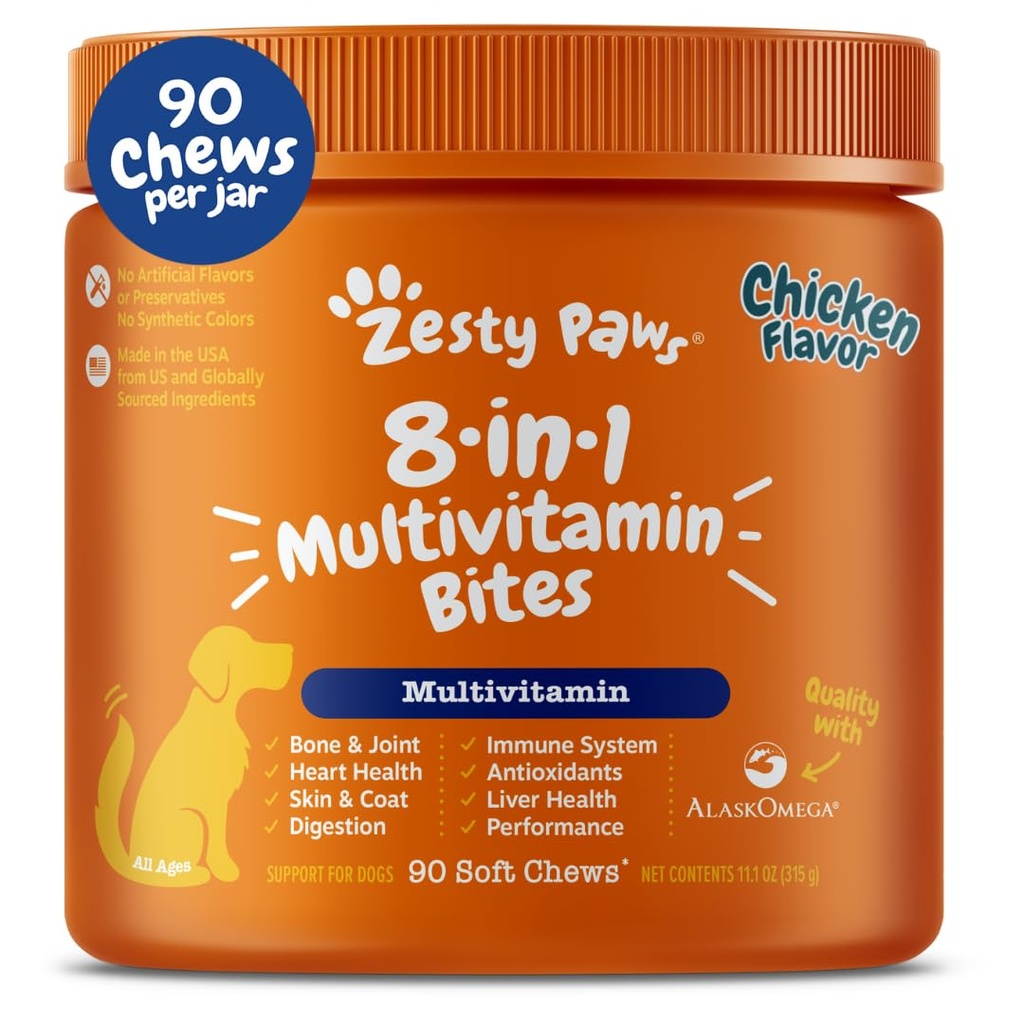 Patas Zesty cão multivitamínico, mastigado cão vitaminas e suplementos para quadril e articulações, pele & casaco, Omega 3 óleo de peixe para cães- sênior & filhote multivitamínico- frango- 90ct
