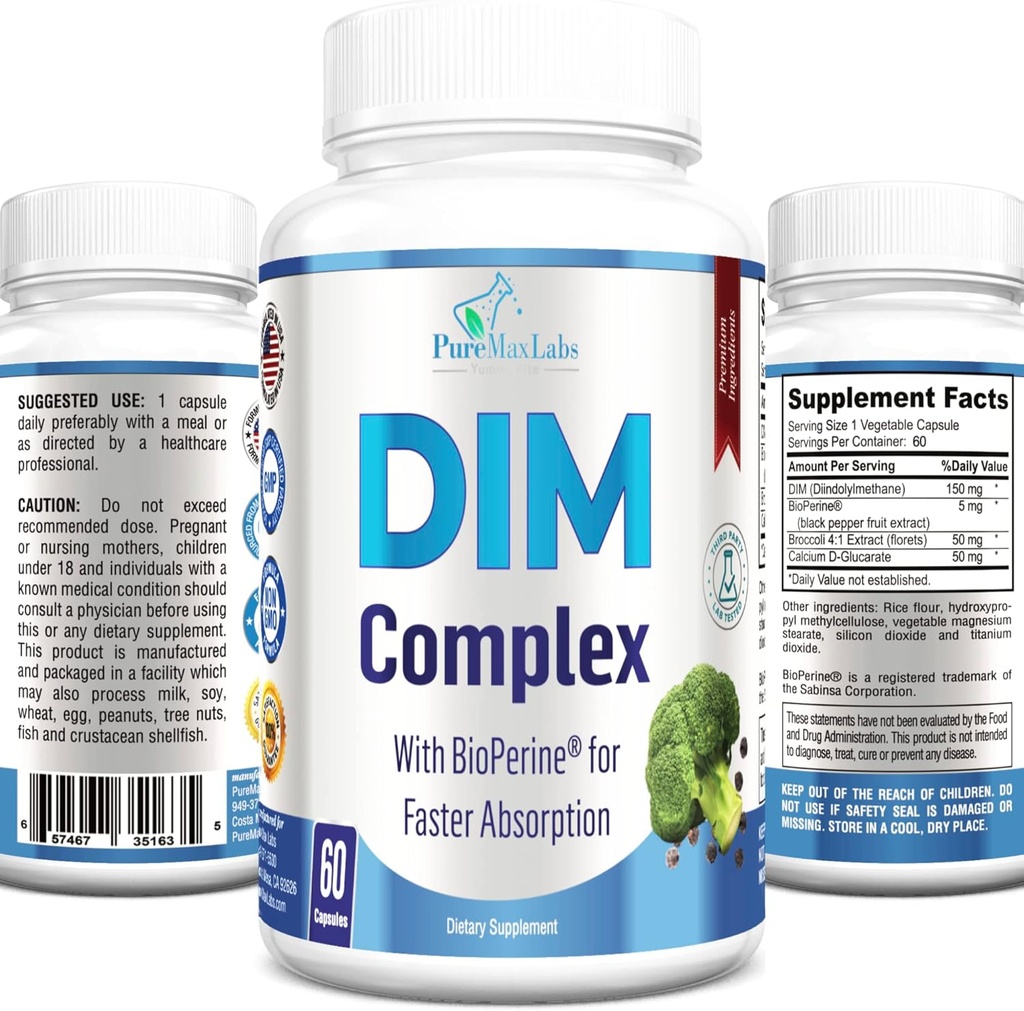 Suplemento DIM – 150mg DIM (diindolilmetano), brócolis, cálcio D-Glucarato e Bioperina - Equilíbrio Hormônio para Homens e Mulheres, Estrogénio, Balança Menopausa - 60 Cápsulas