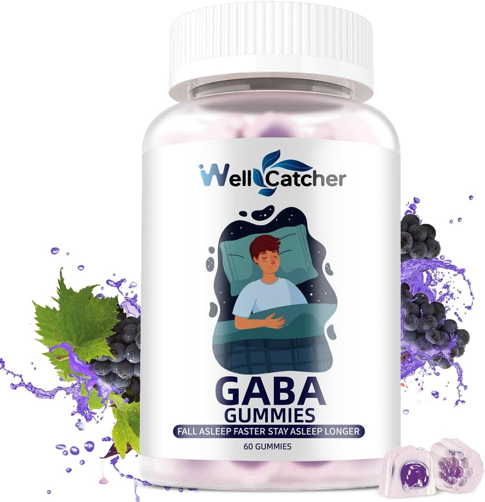 GABA Supplement Gummies 500mg: Mastigado GABA L-theanina Supplement Gummies para Adultos Crianças Não Melatonina Sono Ajuda Calm Mente com 5-HTP para alívio de estresse Zzz melhor açúcar free sabor de uva 60CT