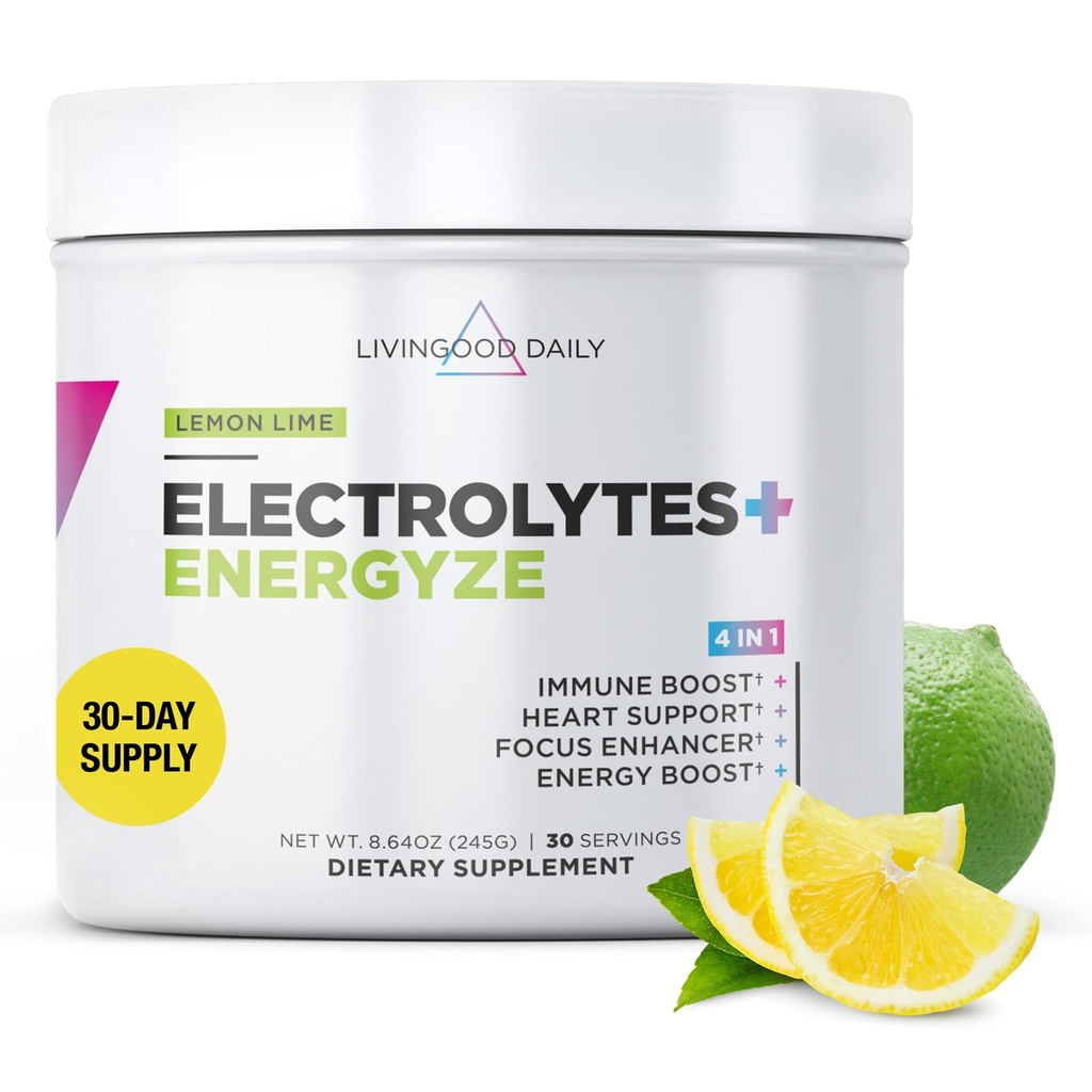 Livingood Eletrolitos diários em pó, Eletrolitos Hidratação em pó com vitamina C, Taurina, D Ribose & FOS, Mistura de bebida de eletrolito livre de açúcar, Keto, Gluten Free, Limão sabor, 30 Servings
