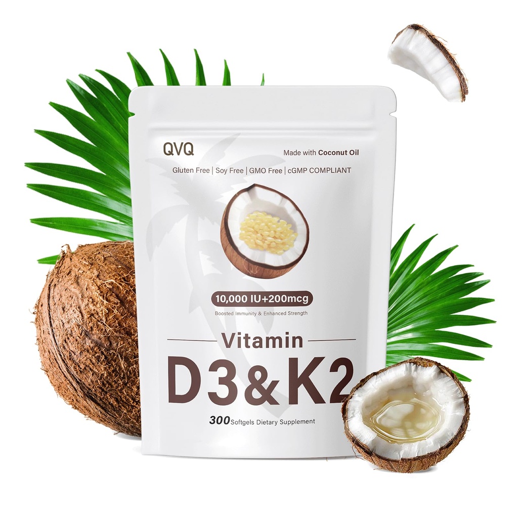 300 Pcs 2 em 1 Vitamina D3 10000 iu Plus K2 (MK-7) 200 mcg Óleo de coco virgem Softgels com vitaminas D & K suporta Absorção de cálcio, osso, imune, & saúde do coração – Fácil de engolir