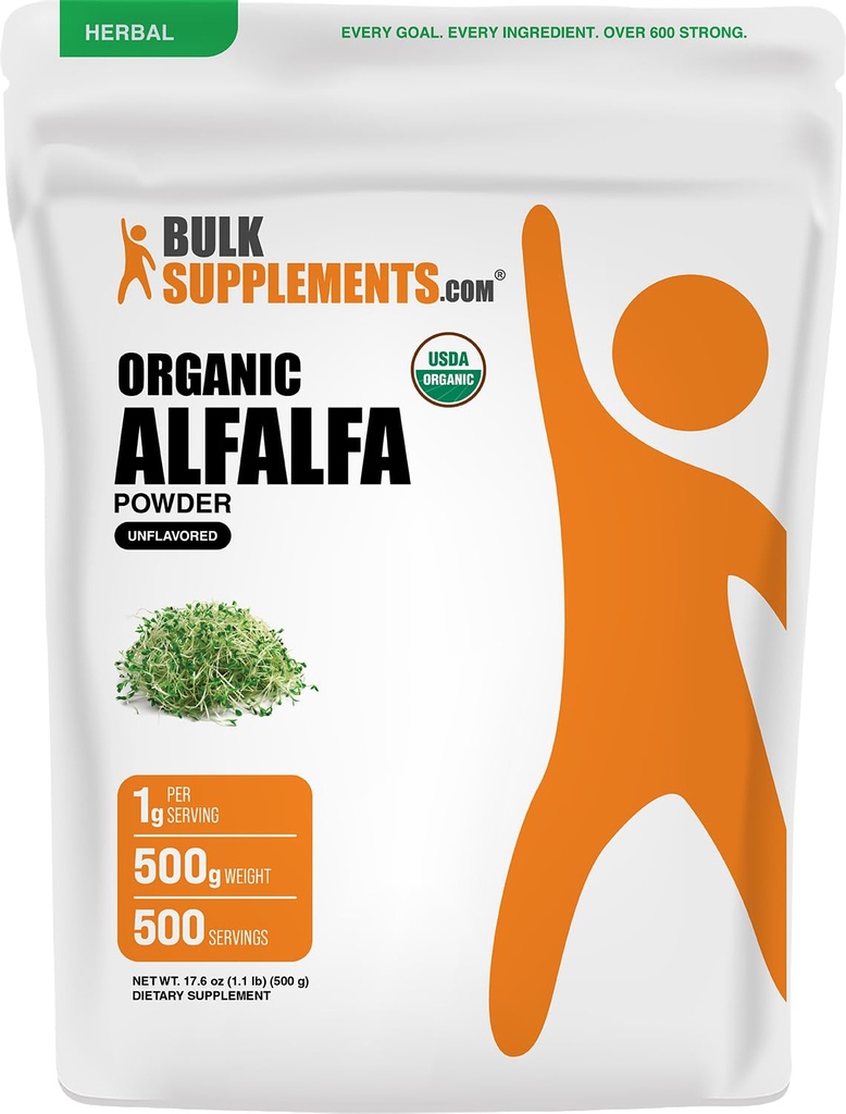 BulkSuplementos.com Grama Alfalfa orgânica em pó - Alfalfa Suplemento, Verde Superfood em pó - Vegan & Gluten Grátis, 5g por serviço, 500g (1.1 lbs) (Pacote de 1)