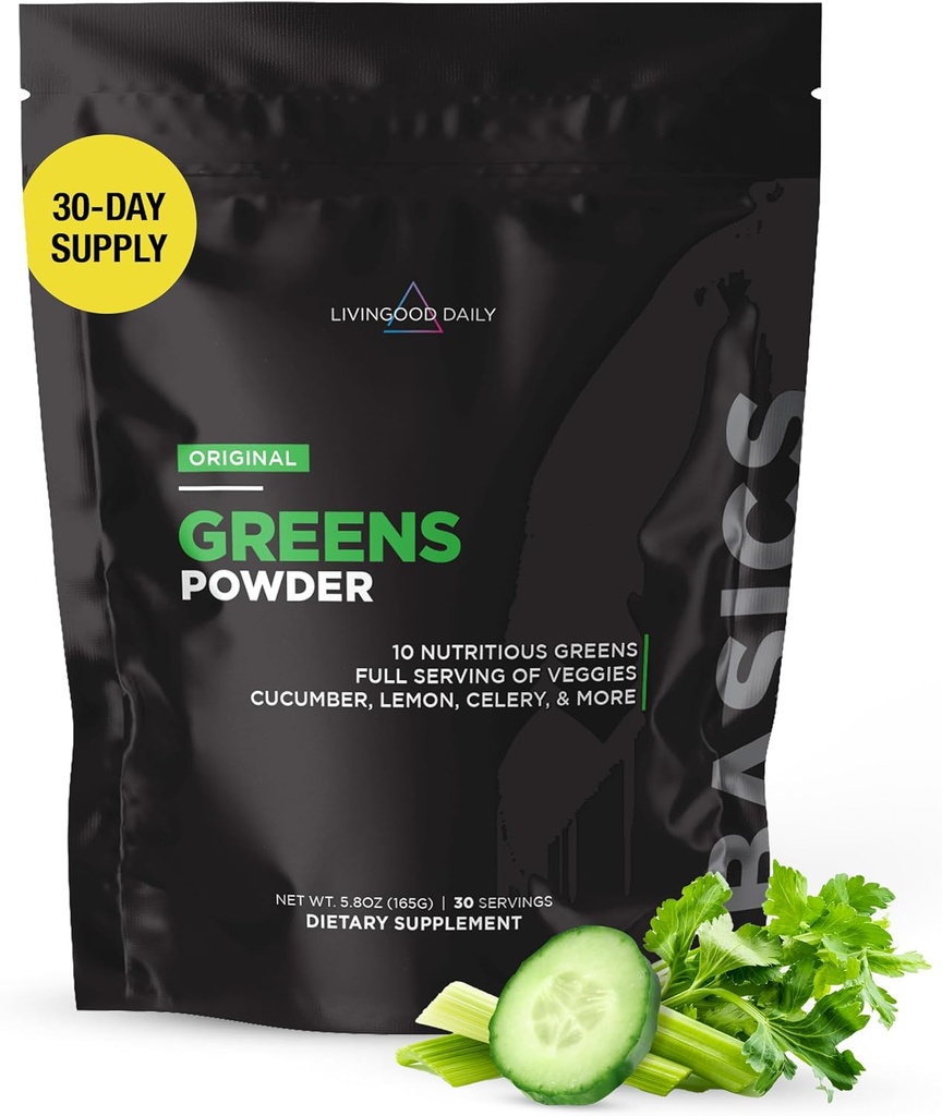 Livingood Verdes básicos diários em pó, Super Verdes Bebida Mix com espirulina, brócolis, couve, grama de trigo & chlorela, mistura vegetal orgânica, Vegan, Sem glúten, Não OGM, 30 Servings