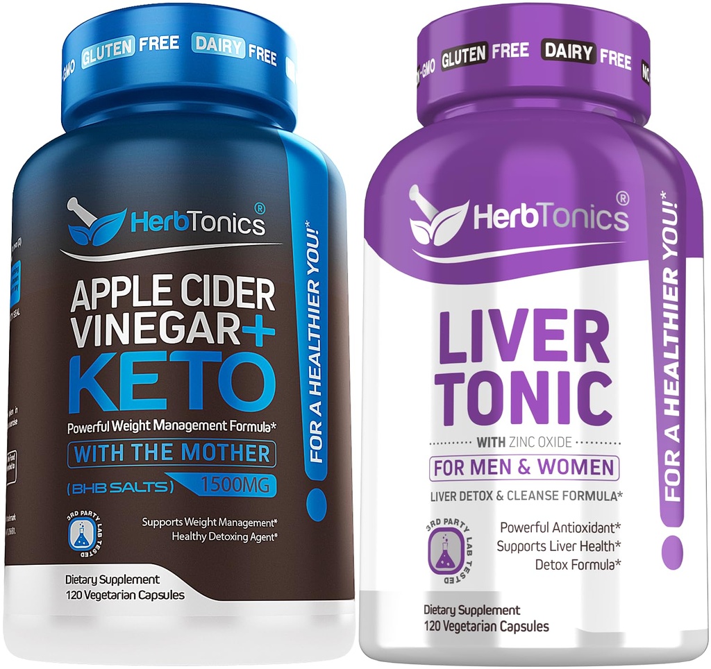 Herbtônicos Apple Cider Vinagre Cápsulas Plus Keto BHB □ Burner de gordura e perda de peso Suplemento para Mulheres e Homens - Fígado Cleanse Detox e fórmula de reparo com alcachofra de cardo de leite e 24 ervas Saúde do fígado