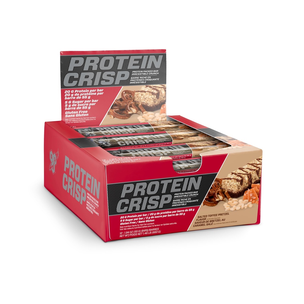 BSN Protein Crisp Bar, Salted Toffee Pretzel, 20 Gram Protein Snack Bars com Whey e Fibra, Gluten-Free Crunchy Energy Bars for Workout, Fitness, On-the-Go, 12 Count