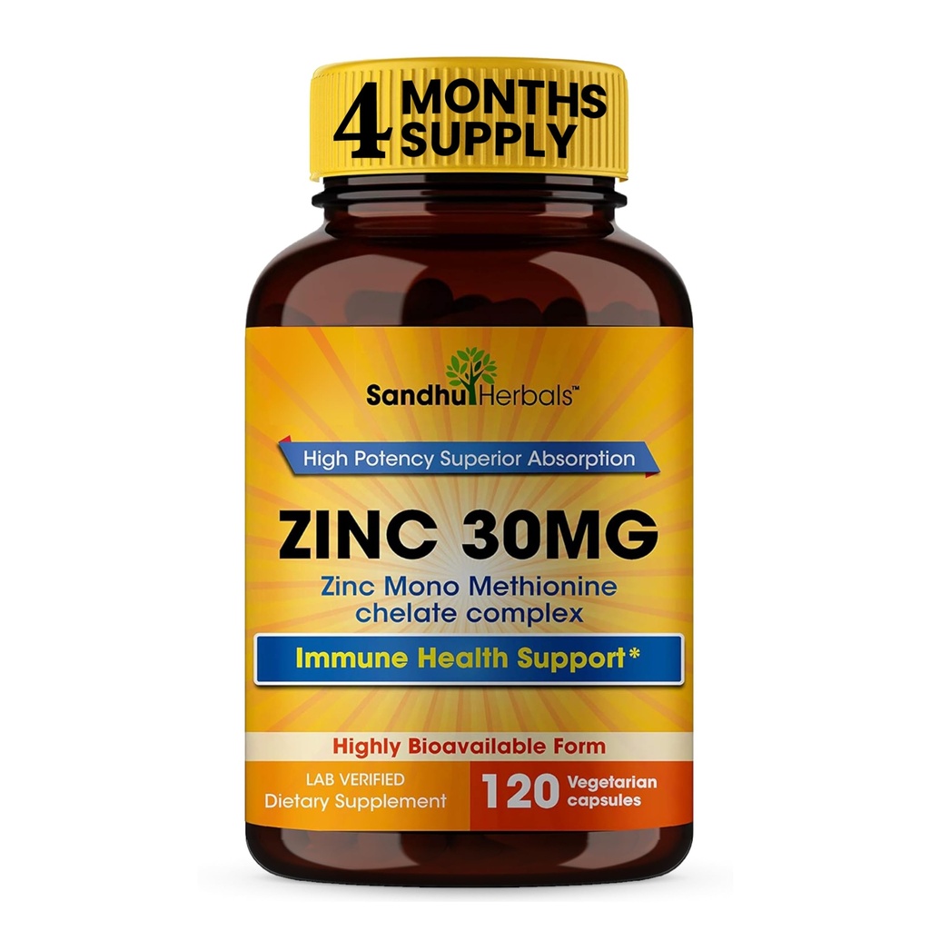 SANDHUHERBALS Zinc 30mg Cápsulas para homens e mulheres , 120 contagem (Pacote de 1) , Zinc Suplementos para Imune & Antioxidante Suporte , Zink 30 mg Suplemento Suporta a saúde da pele