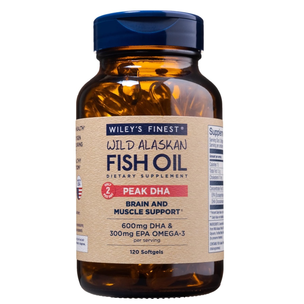Wiley's Finest Wild Alaskan Fish Oil Peak DHA - 900mg EPA e DHA Omega-3s - 120 Softgels (60 Servings)