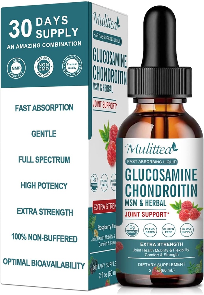 Glucosamina Chondroitin MSM Liquid Drops-w/Elderberry, Boswelia & Hialurônico Ácido-Extra suplemento de suporte conjunto de força para mobilidade, flexibilidade e ossos, alta absorção, 60ml (2 fl oz)