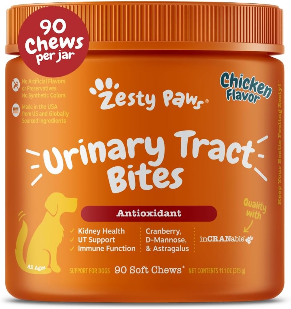 Zesty Paws Cranberry Supplement for Dogs - Controle de bexiga para cães - Suporte ao trato urinário - Cranberry Chews - Immune & Gut Support - Frango - 90 Contagem