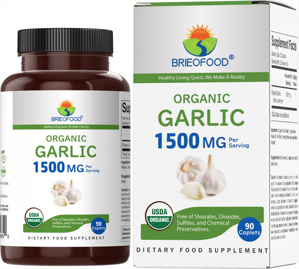 Brieofood Alho Orgânico 1500mg, 45 Servings, Vegetarian, Gluten Free, 90 Comprimidos Vegetarianos