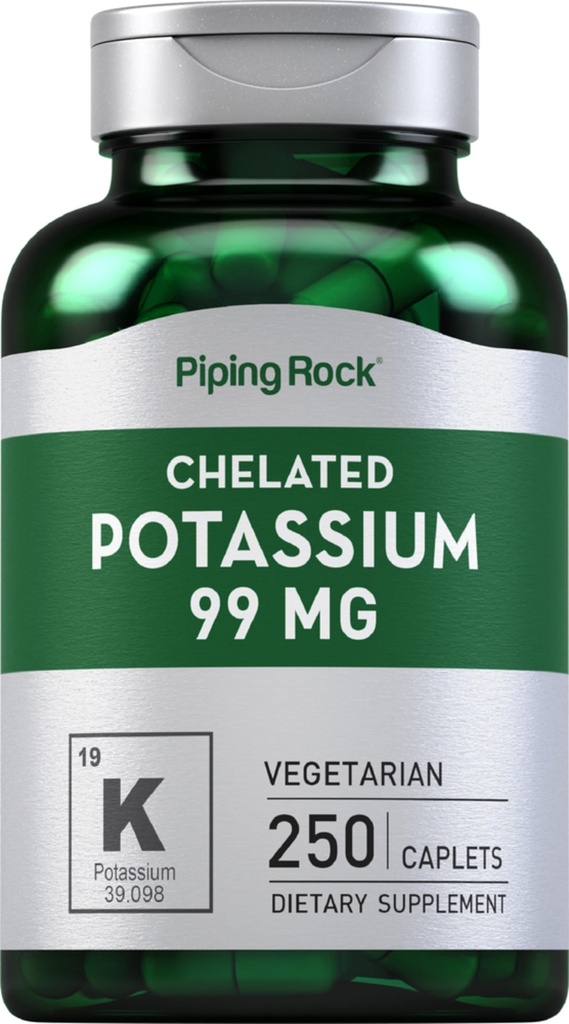 Piping Rock Chelated Potássio Suplemento 99mg , 250 Caplets , Gluconato de potássio , Vegetarian, Non-GMO, Gluten Free