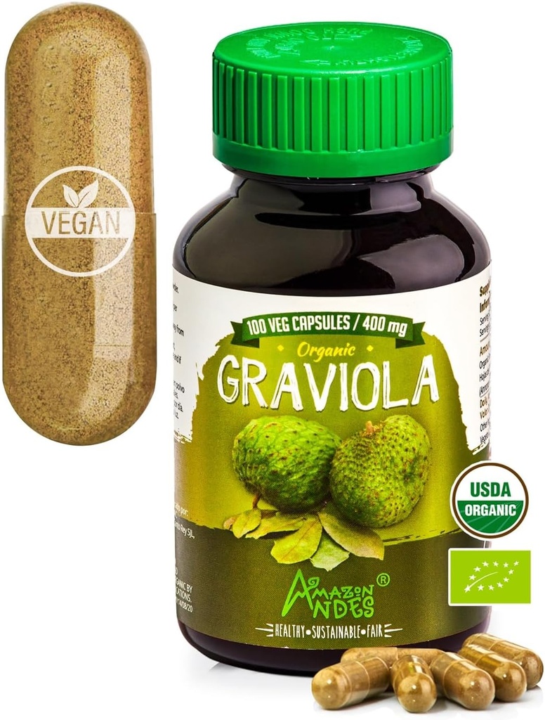 Andes Graviola Cápsulas - Rico em Vitamina C & Fibra - Imune Sistema Estimulador - Função celular saudável - Vegan, Não OGM, Sem glúten, Fairtrade Certified - 100 Pills Soursop (400mg)