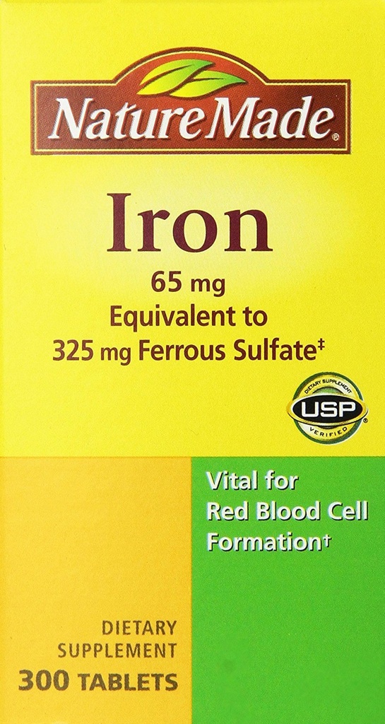 Nature Made Iron 65mg, equivalente a 325 mg Sulfato Ferroso - 300 Comprimidos
