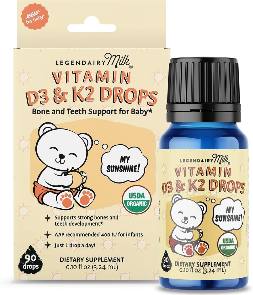Lenda leite orgânico bebê vitamina D3 K2 líquido gotas, 400 UI de bebê vitamina D gotas para lactentes com K2 gotas, vitamina D gotas para recém-nascidos, crianças, e crianças, Vegan, 90 gotas líquido