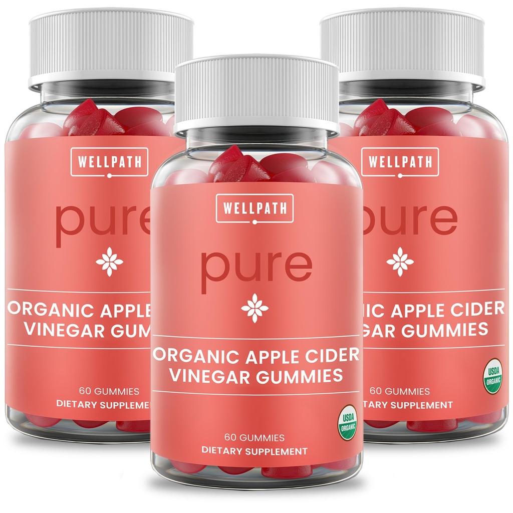 WellPath Puro orgânico maçã Cider Vinagre Gummies da mãe (3 Pack) - Feito com Ginger para Gut Saúde Vegan, Não-GMO, 180 Ct