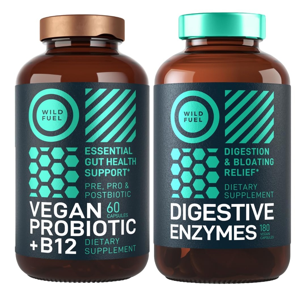Enzimas Digestivas com Probióticos e Prebióticos e Vegan Probiótico Plus B12 Melhorado Digestivo e Gut Health Bundle