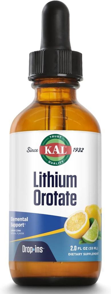KAL Lithium Orotate Dropins, Quelated - Suporte de Humor e Relaxação - Flavor de Limão Natural - 2 onças, Aprox. 60 Serv.