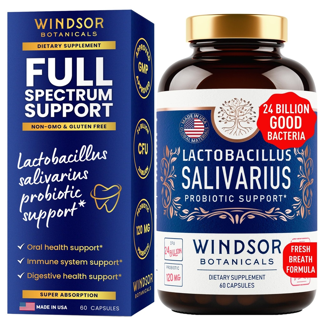 Lactobacillus Salivarius Probiótico - 24bn UFC Salivarius Probióticos dentários para dentes e gengivas - Mau tratamento da respiração para adultos, suporte imunológico, saúde digestiva - 60 cápsulas probióticas orais