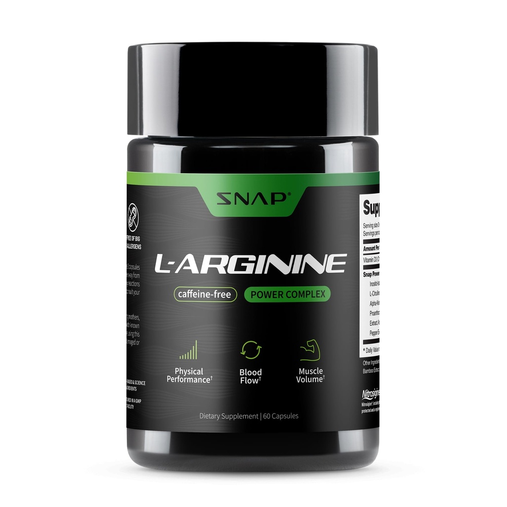 Snap Suplementos L Cápsulas de Arginina - Suporta energia natural, aumento do fluxo de sangue e crescimento muscular e saúde Cardio, 60 Cápsulas Vegetarianas (30 Servões, 1 Mês de Fornecimento)