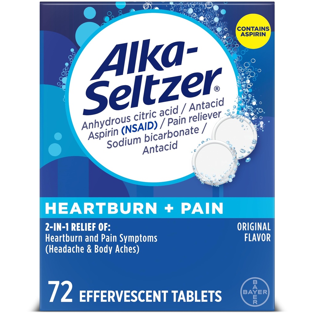 Azia Alka-Seltzer + dor Aspirina Efervescente + Comprimidos antiácidos, alívio rápido da azia e alívio da indigestão ácida, alívio da dor com aspirina, 72 Ct