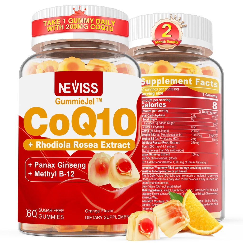 Açúcar Free CoQ10-200mg 400mg chicletes preenchidos - 2 meses de fornecimento - w/ Vitamina B12 1000mcg, Rhodiola Rosea & Panax Ginseng, B6, Coenzyme Q10 Suplemento para Hear-t, Energia, Antioxidante, Ultra Absorção