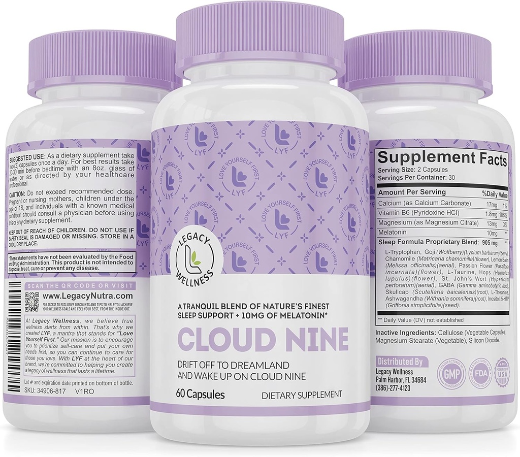 Cloud 9 - Todos os suplementos naturais de ajuda ao sono - vitamina relaxante & fórmula de ervas - 10mg Melatonina cálcio Magnisium L-Theanina 5-HTP GABA St. John's Wort Ashwagandha Camomila & Mais 60 Cápsulas Vegan