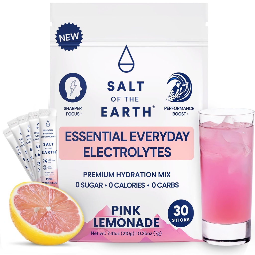 Sal da Terra Eletrólito Premium Zero-Sugar - Feito com sal rosa do Himalaia - Pacotes de pó de hidratação