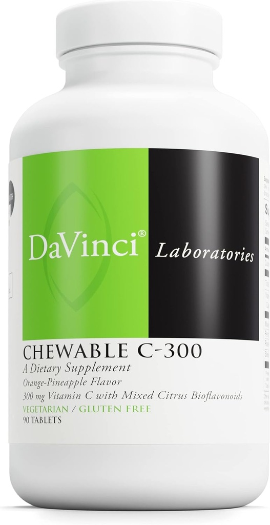 DaVinci Labs mastigável C-300 - Suplemento para apoiar a saúde imunológica, colesterol e produção de colágeno - com vitamina C, pectina e mais - sem glúten - sabor de abacaxi laranja - 90 comprimidos vegetarianos