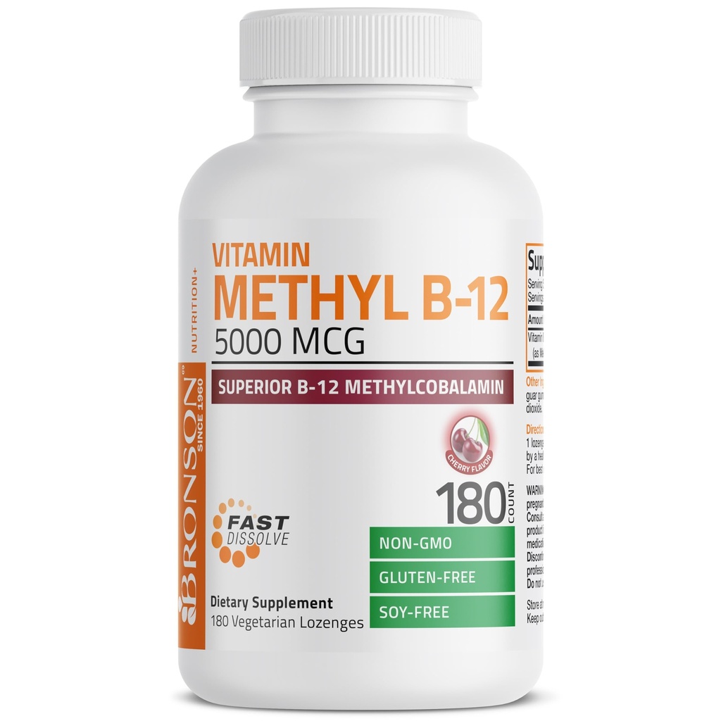 Bronson Metil B12 5000 mcg Vitamina B12 Metilcobalamina Energia e suporte cerebral, 180 Lozenges