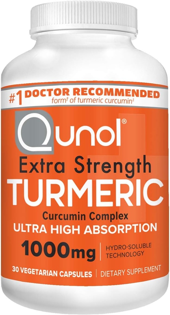 Qunol Turmeric Curcumin Cápsulas, 1000mg Suplemento de força extra, Tecnologia Hidro-Soluble patenteada, Alternativa à Curcumin Turmeric com pimenta preta, 30 Cápsulas Veggie