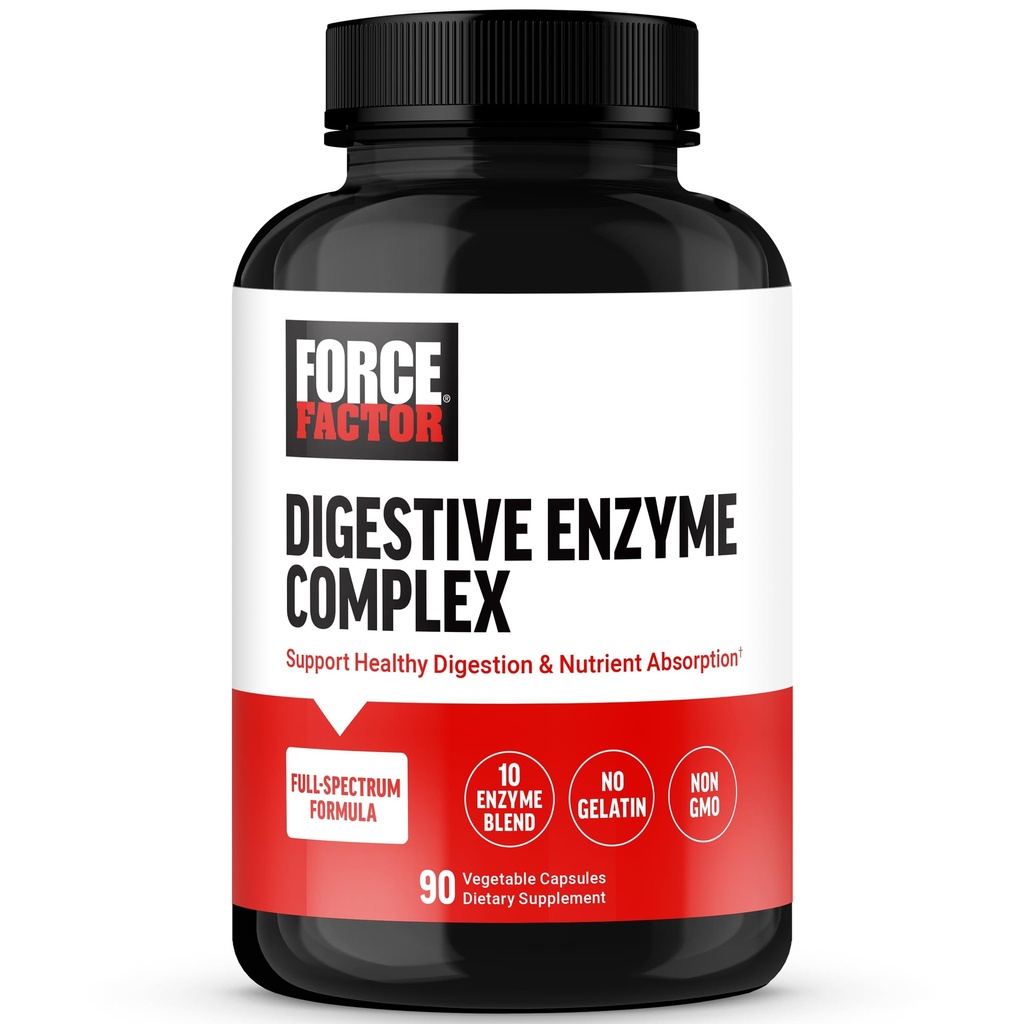 FORCE FACTOR Enzimas Digestivas Complexo para apoiar a Saúde Digestiva, Gut Saúde, e proporcionar alívio de bloating para mulheres e homens, Full-Spectrum 10 Enzimas Digestivas, Não-GMO, 90 Cápsulas